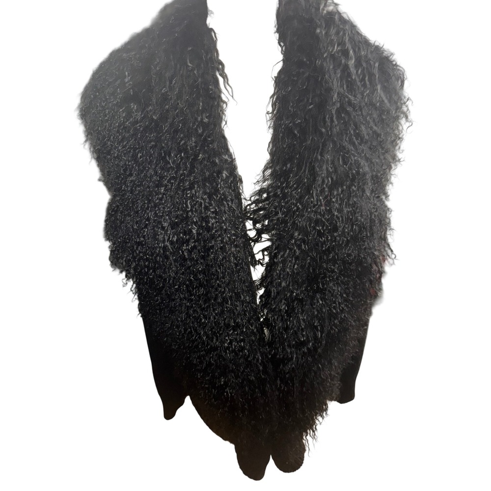 Vince Black 100% Wool Waffle Knit Cardigan Genuine Lamb Fur Collar Small FLAW
